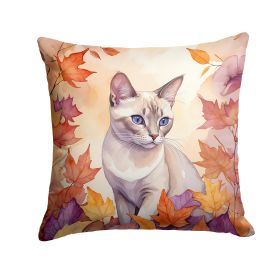 Thai Lilac Cat in Fall Leaves Throw Pillow Machine Washable, Indoor Outdoor Decorative Pillow for Couch, Bed or Patio, 14Hx14W