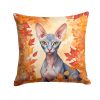 Peterbald Cat in Fall Leaves Throw Pillow Machine Washable, Indoor Outdoor Decorative Pillow for Couch, Bed or Patio, 14Hx14W
