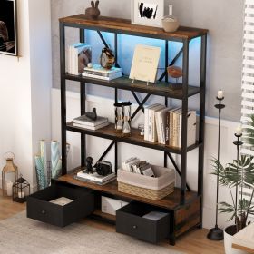 3-Shelf Metal Bookcase with Drawers for Home Office, Open Bookcase, Vintage Industrial Style Bookcase with LED,Vintage wood color