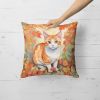 Japanese Bobtail Cat in Fall Leaves Throw Pillow Machine Washable, Indoor Outdoor Decorative Pillow for Couch, Bed or Patio, 18Hx18W