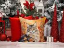 MaineCoon Cat in Fall Leaves Throw Pillow Machine Washable, Indoor Outdoor Decorative Pillow for Couch, Bed or Patio, 14Hx14W