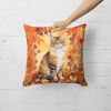 Cymric Cat in Fall Leaves Throw Pillow Machine Washable, Indoor Outdoor Decorative Pillow for Couch, Bed or Patio, 18Hx18W