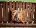 California Spangled Cat in Fall Leaves Throw Pillow Machine Washable, Indoor Outdoor Decorative Pillow for Couch, Bed or Patio, 14Hx14W