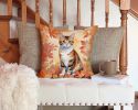 Korean Bobtail Cat in Fall Leaves Throw Pillow Machine Washable, Indoor Outdoor Decorative Pillow for Couch, Bed or Patio, 14Hx14W
