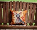 Peterbald Cat in Fall Leaves Throw Pillow Machine Washable, Indoor Outdoor Decorative Pillow for Couch, Bed or Patio, 14Hx14W