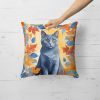 Chartreux Cat in Fall Leaves Throw Pillow Machine Washable, Indoor Outdoor Decorative Pillow for Couch, Bed or Patio, 18Hx18W