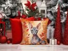 Peterbald Cat in Fall Leaves Throw Pillow Machine Washable, Indoor Outdoor Decorative Pillow for Couch, Bed or Patio, 14Hx14W